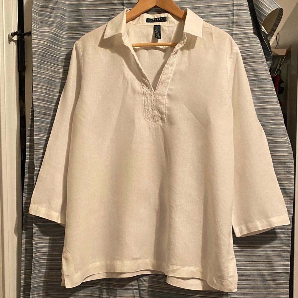 Lauren Ralph Lauren White  Linen Tunic with Sequin Trim